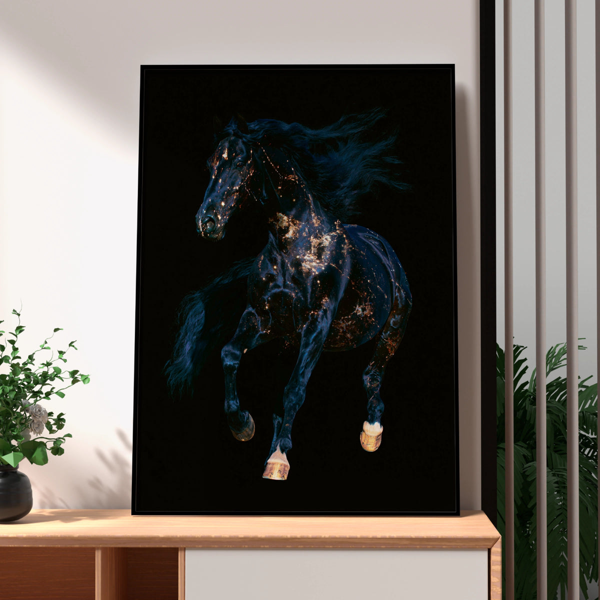 Galaxy Horse Poster, Black Gold Stallion Wall Art, Dark Cosmic Print