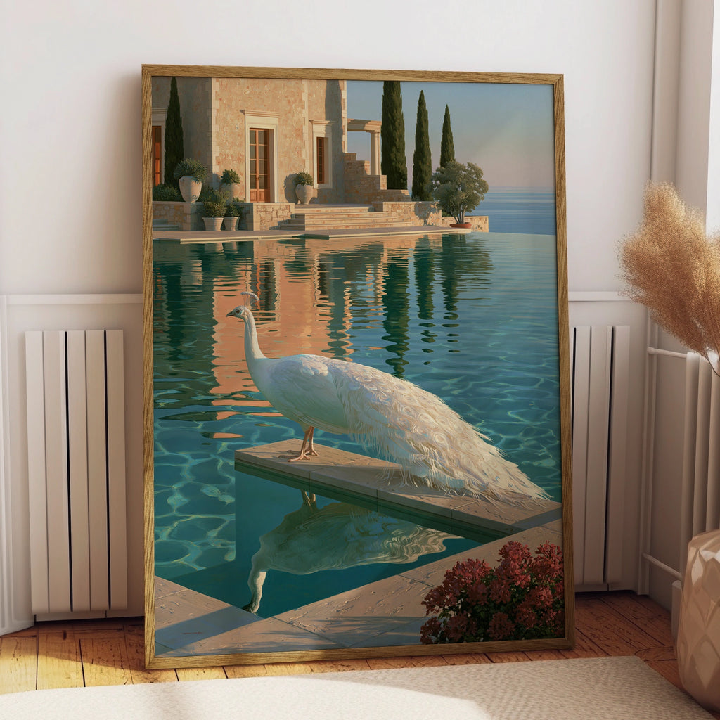 White Peacock by Infinity Pool, Mediterranean Villa Art Print, Realist Style