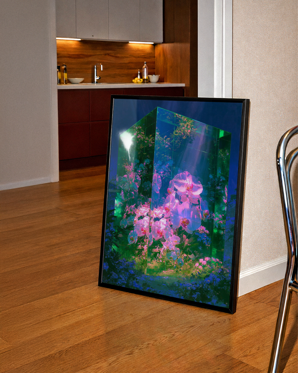 Emerald Glass Orchid Poster, Pink Flowers Fantasy Art Print, Botanical