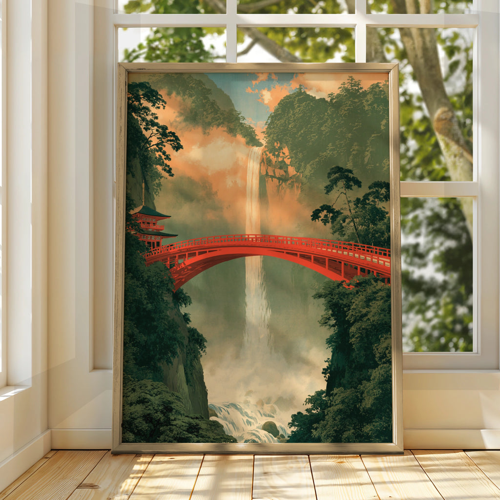 Red Bridge Waterfall Japan Poster, Japanese Pagoda Wall Art, Ukiyo-e Style Print