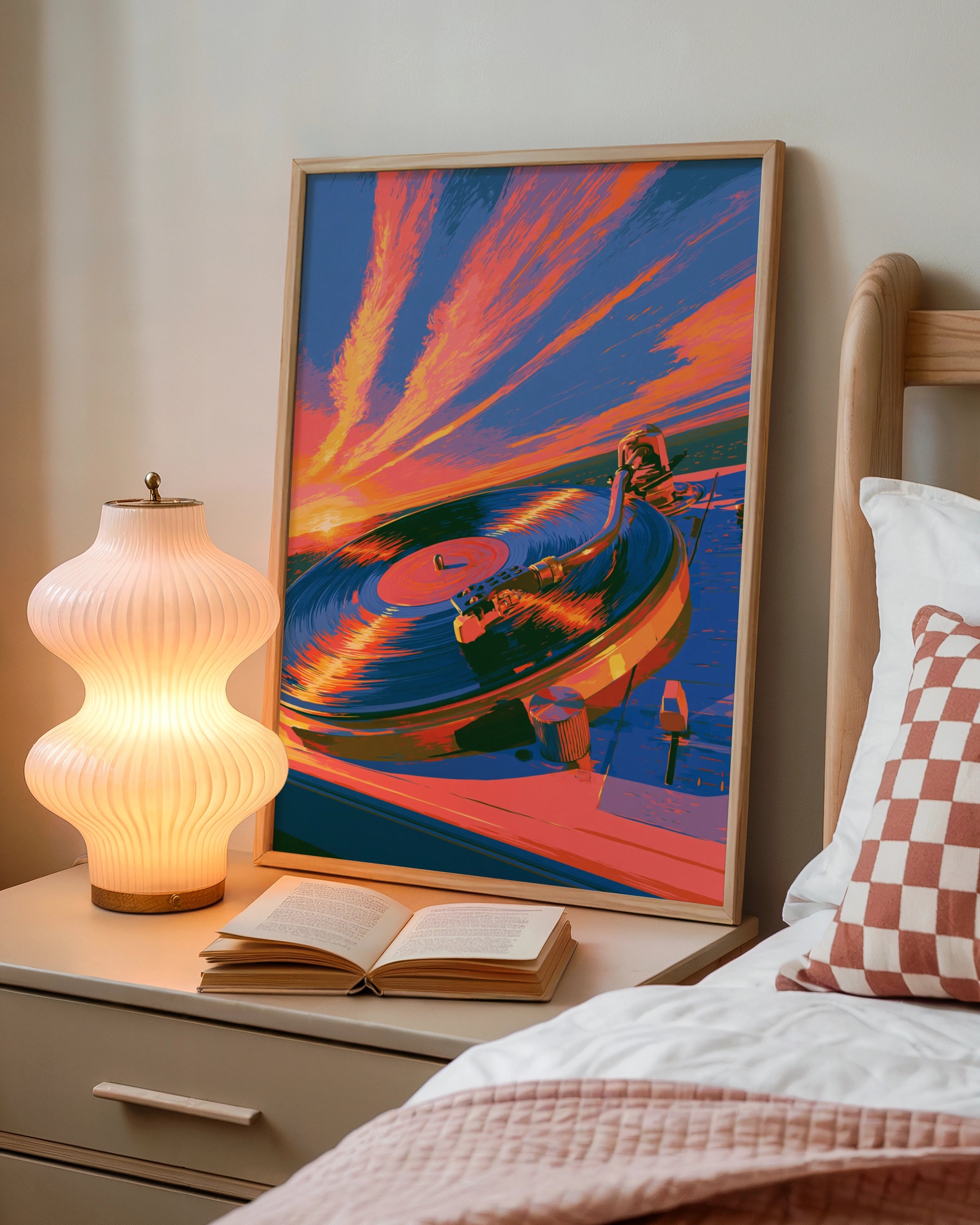 Record Player Sunset Poster, Vinyl Turntable Wall Art, Retro Music Print