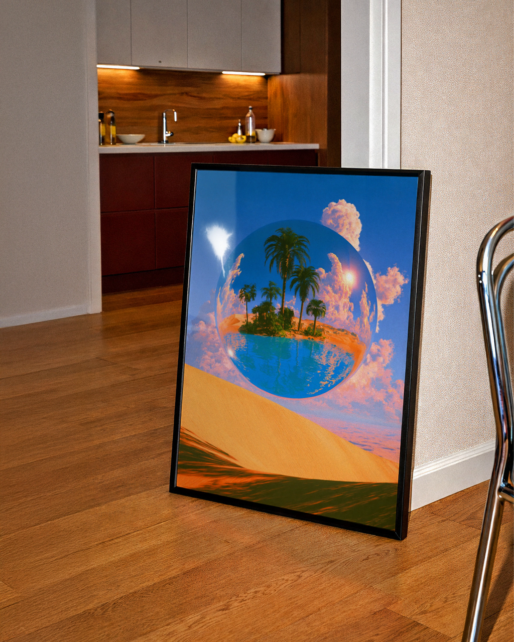 Desert Oasis Sphere Poster, Surreal Palm Tree Sand Dune Wall Art Print