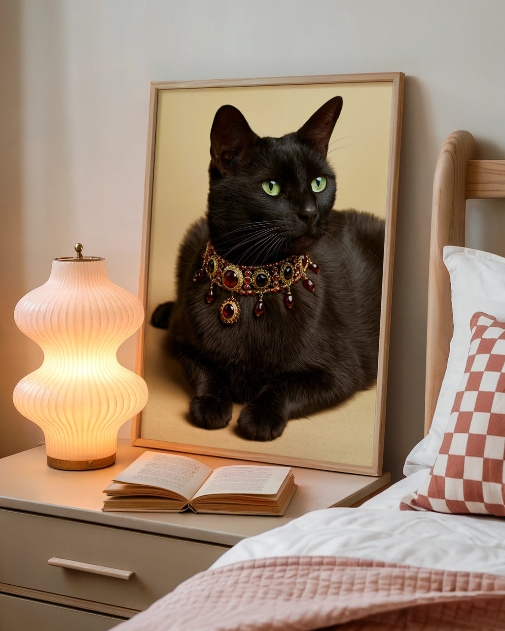 Black Cat Ruby Necklace Poster, Regal Feline Portrait, Jewelled Art Print