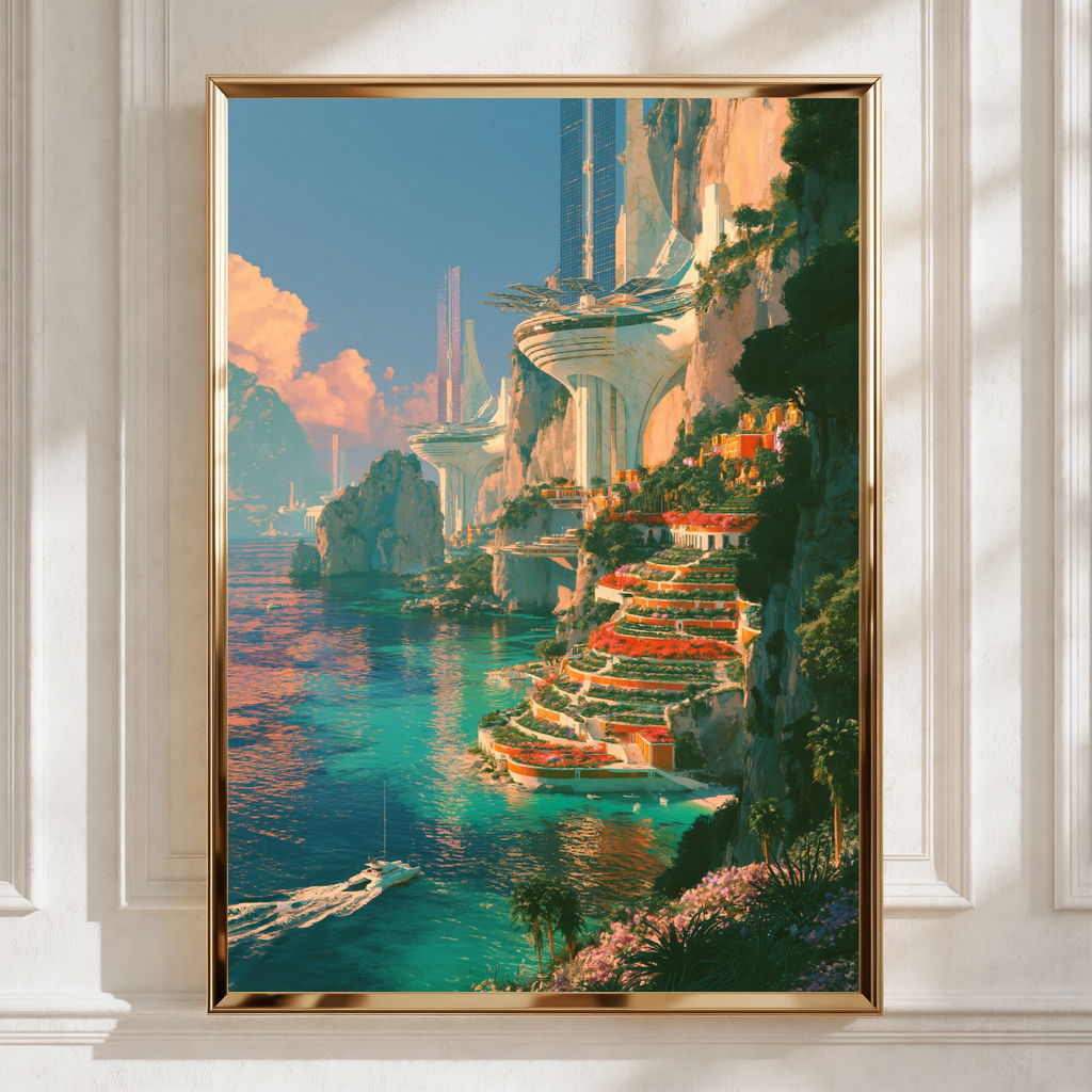 Futuristic Coastal City Poster, Sky Sea Cliffs, Sci-Fi Architecture Print