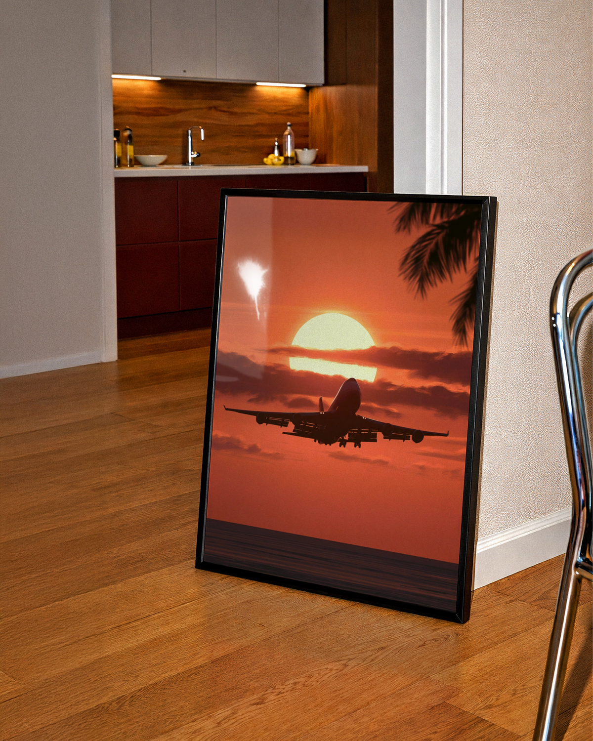 Plane Landing Sunset Poster, Aeroplane Silhouette, Tropical Travel Wall Art