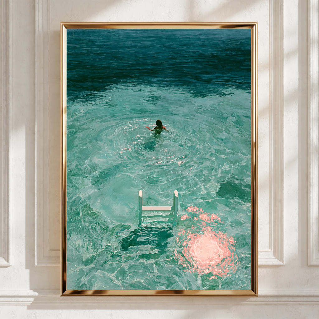 Woman Swimming in Turquoise Sea, Ladder Moon Poster, Dreamy Figurative Art