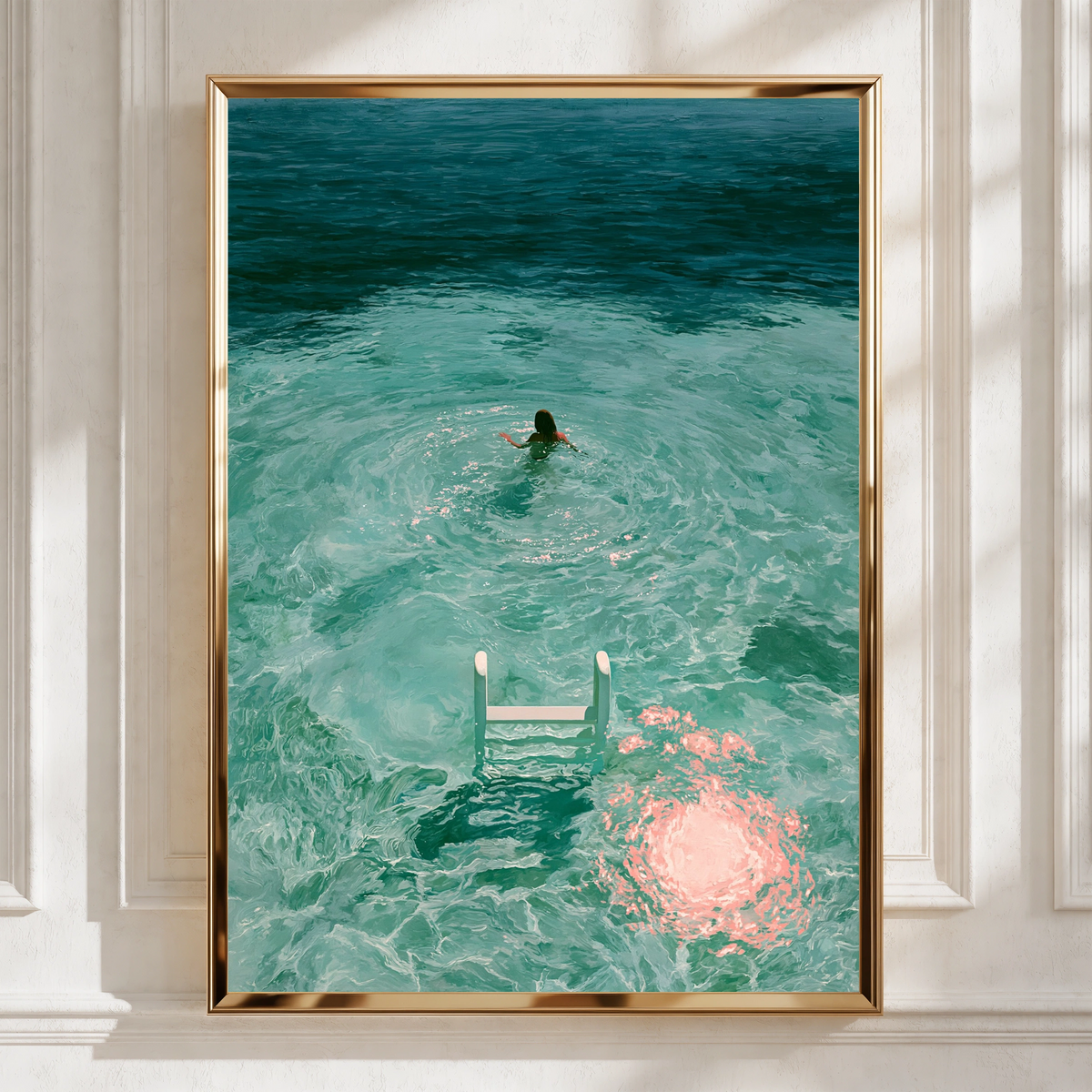 Woman Swimming in Turquoise Sea, Ladder Moon Poster, Dreamy Figurative Art