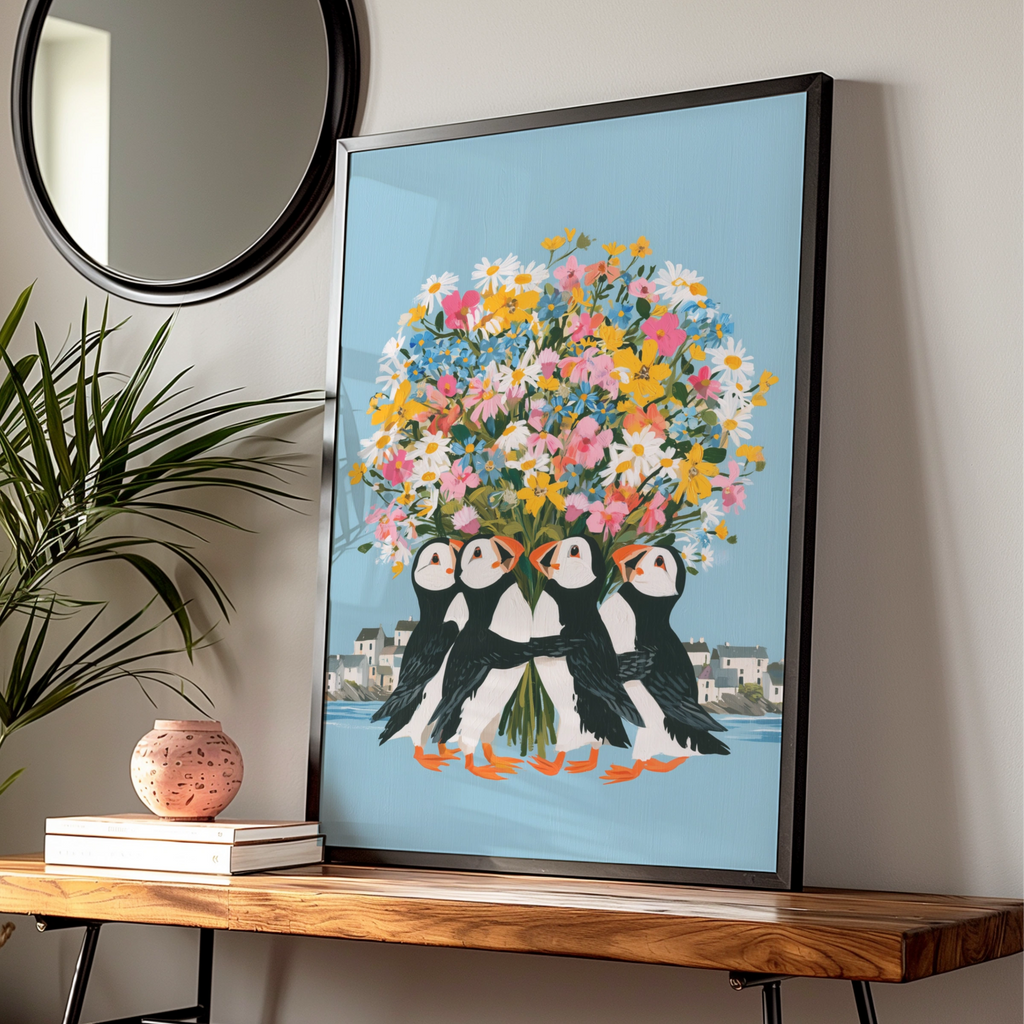 Puffins Bouquet Wall Art Poster, Floral Bird Print, Colourful Coastal Illustration