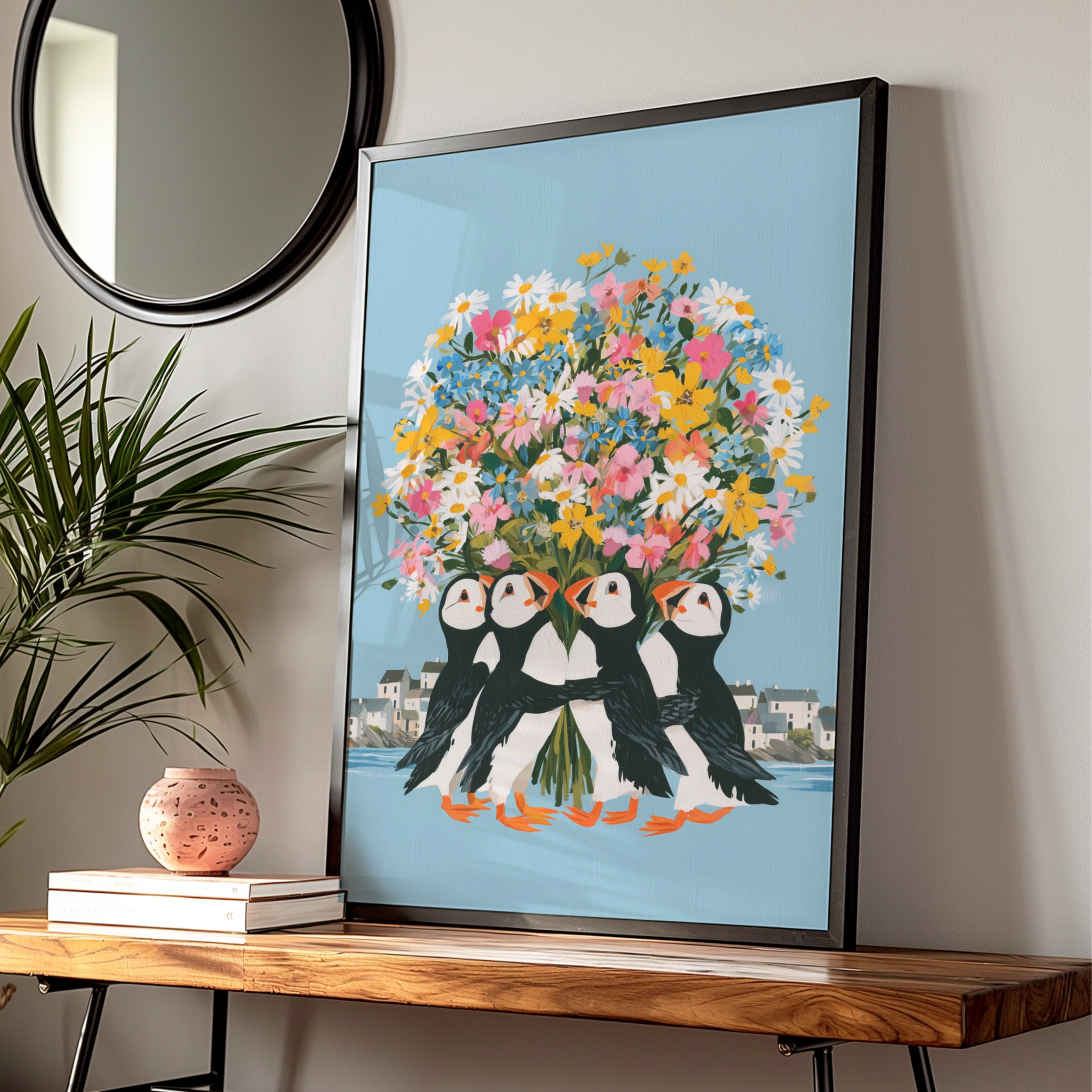 Puffins Bouquet Wall Art Poster, Floral Bird Print, Colourful Coastal Illustration