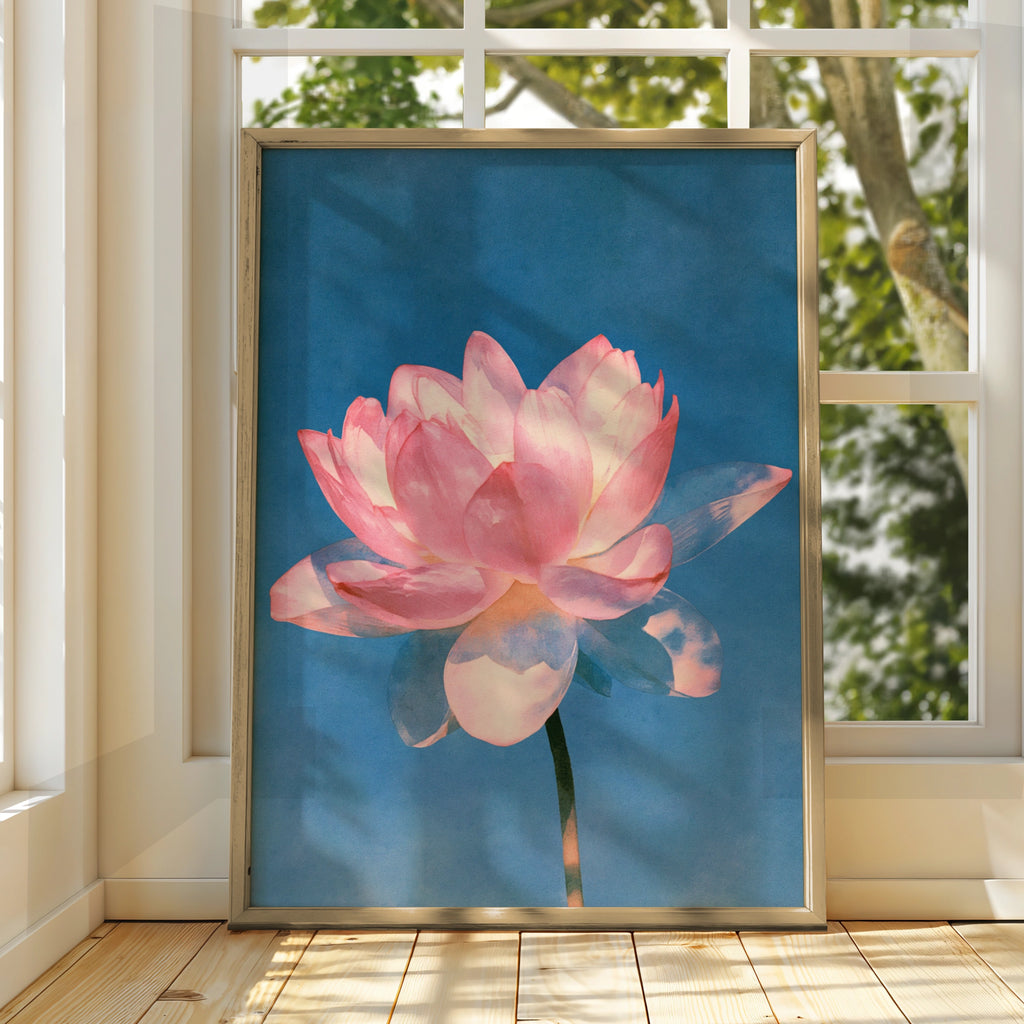 Pink Lotus Flower Poster, Botanical Wall Art, Blue Background, Watercolour Style