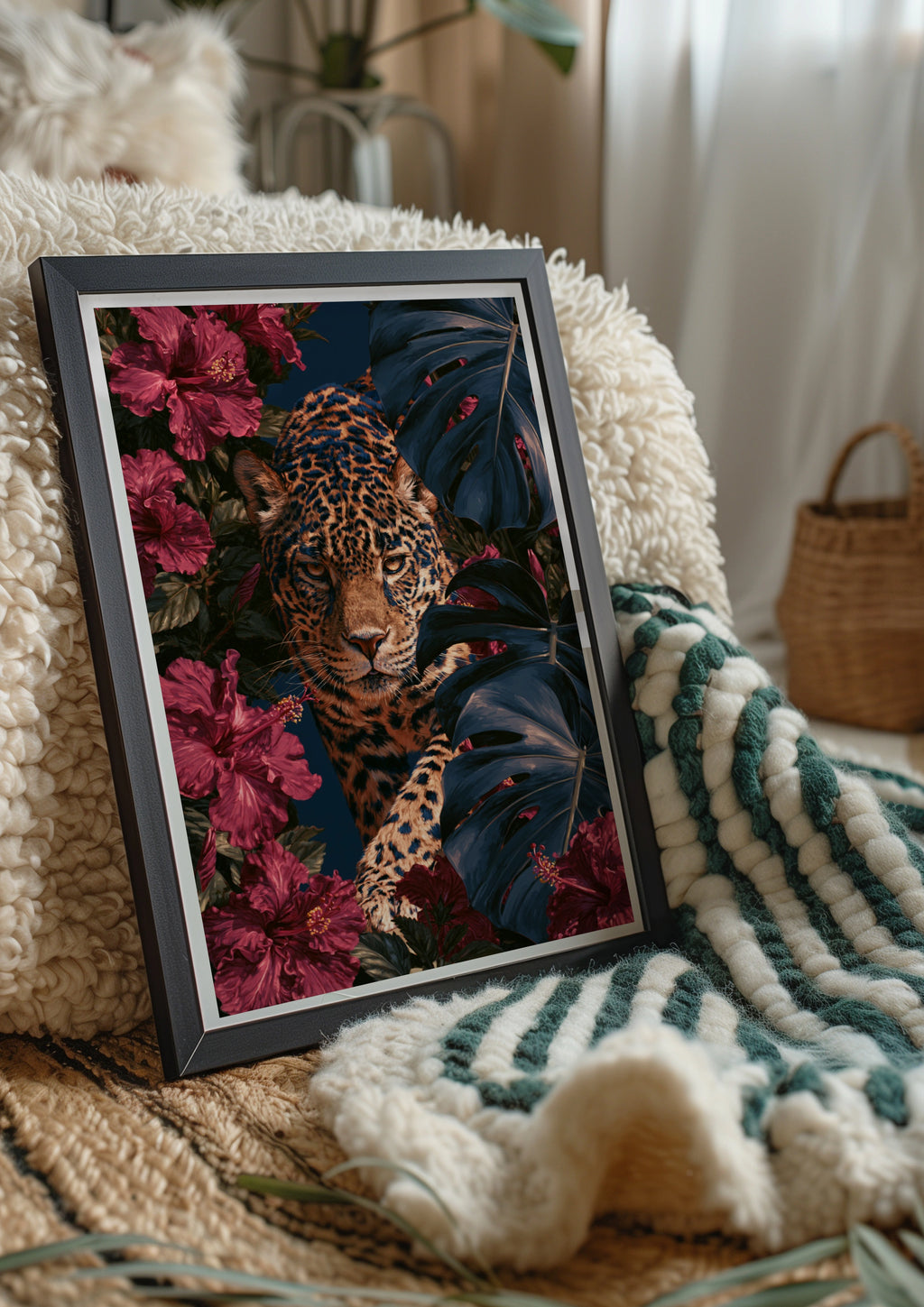 Jaguar Hibiscus Monstera Poster, Tropical Wildlife Wall Art Print