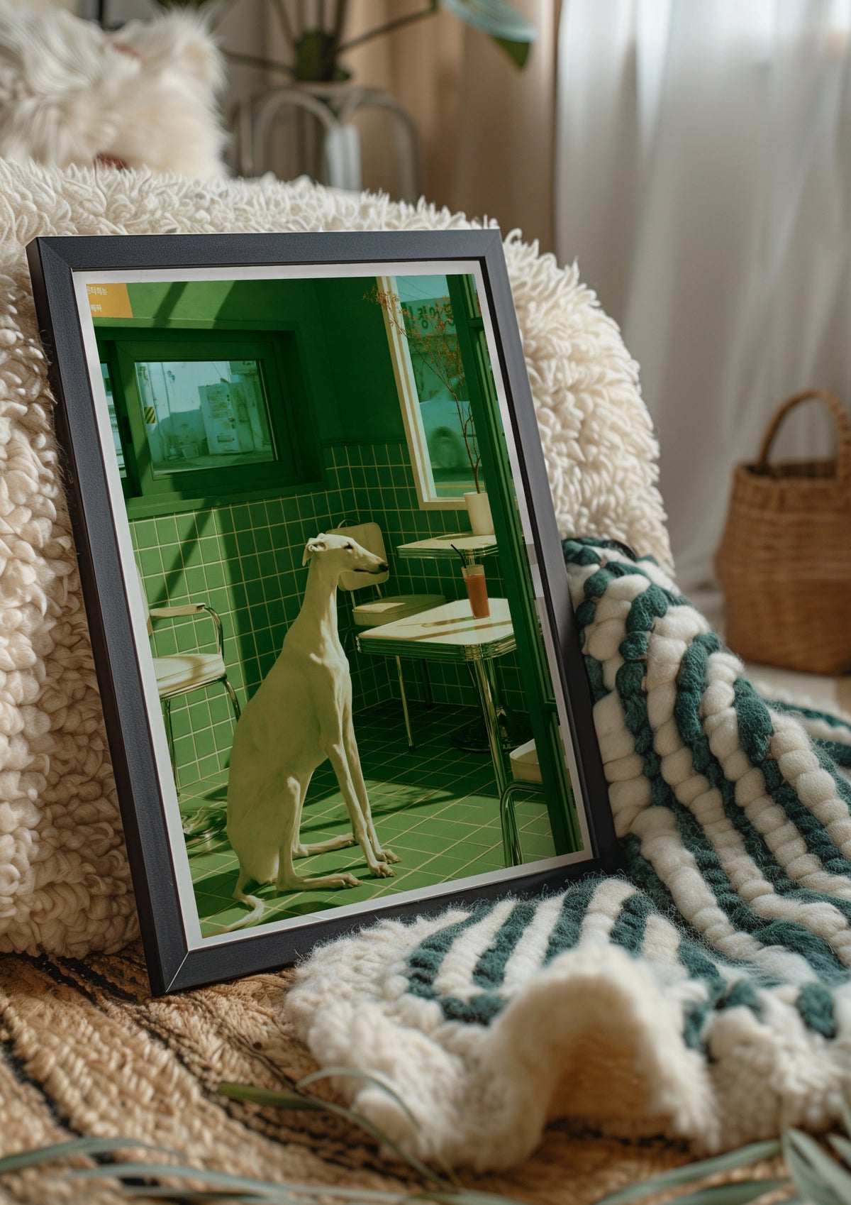 White Greyhound in Green Diner Poster, Surreal Dog Art Print