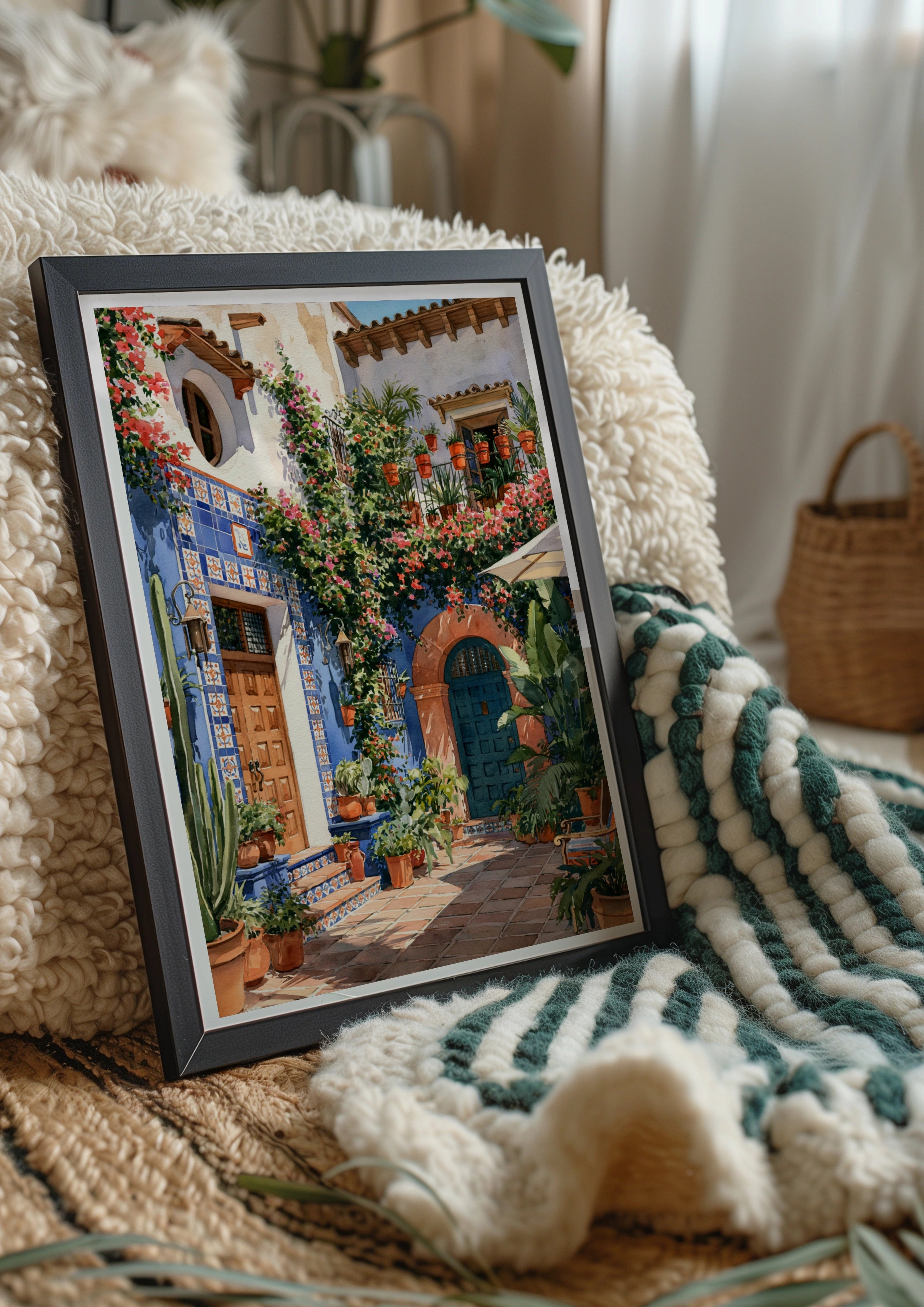 Spanish Courtyard Wall Art Poster, Blue Terracotta Floral, Watercolour Print