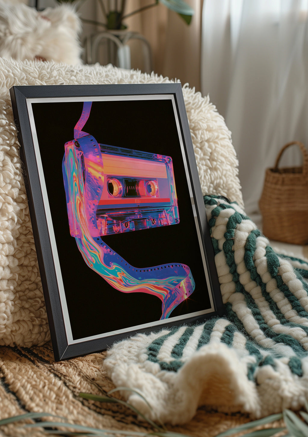 Retro Cassette Tape Poster, Neon 80s Wall Art, Synthwave Music Print