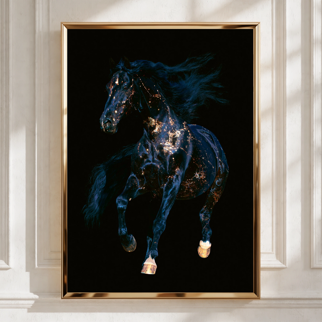Galaxy Horse Poster, Black Gold Stallion Wall Art, Dark Cosmic Print