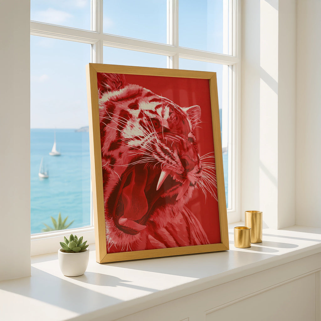 Red Tiger Growling Wall Art Poster, Bold Wildlife Print, Modern Animal Art
