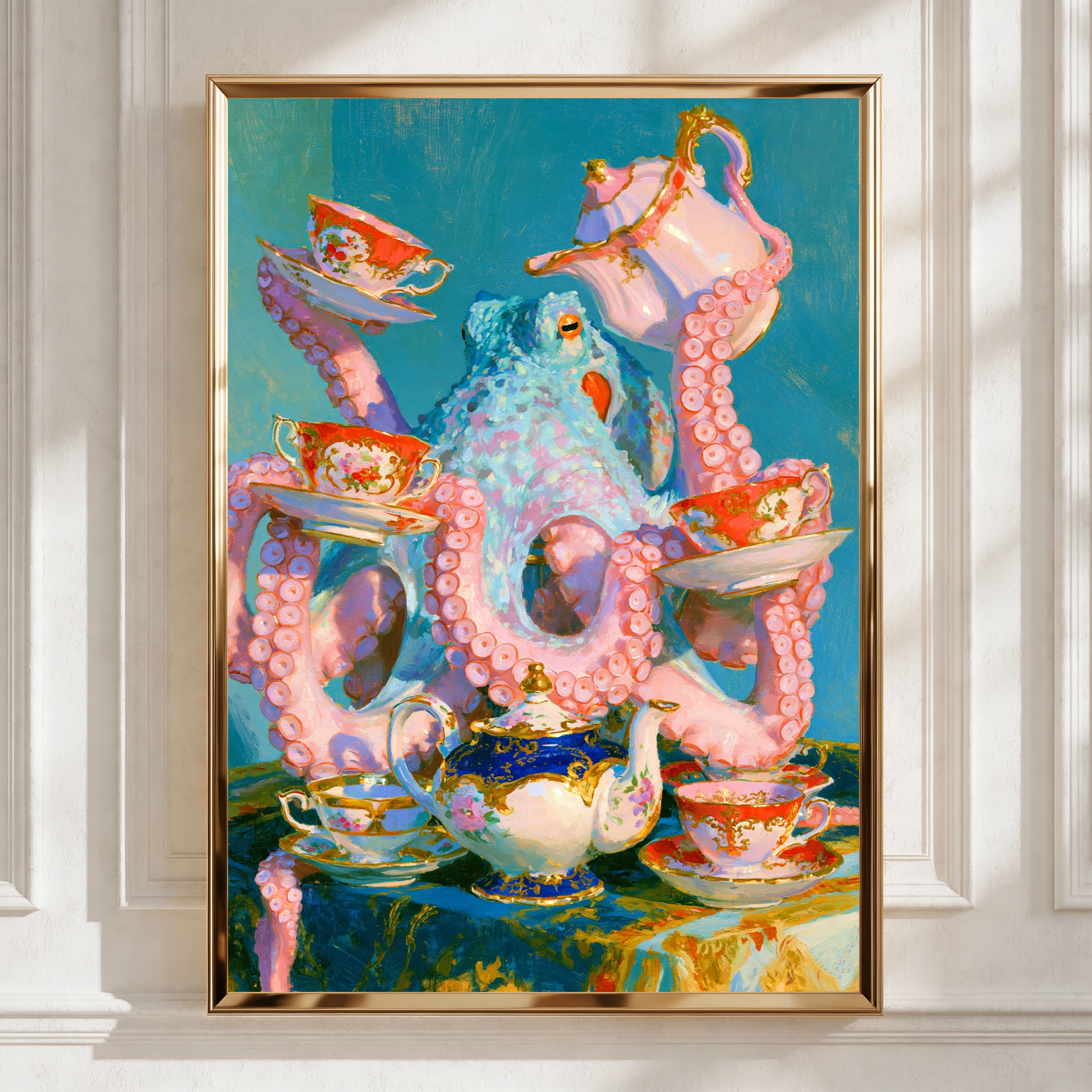 Octopus Tea Party Poster, Whimsical Animal Wall Art, Colourful Still Life Print