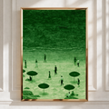 Green Beach Scene Wall Art Poster, Coastal Figures Umbrella Print, Moody Retro Style