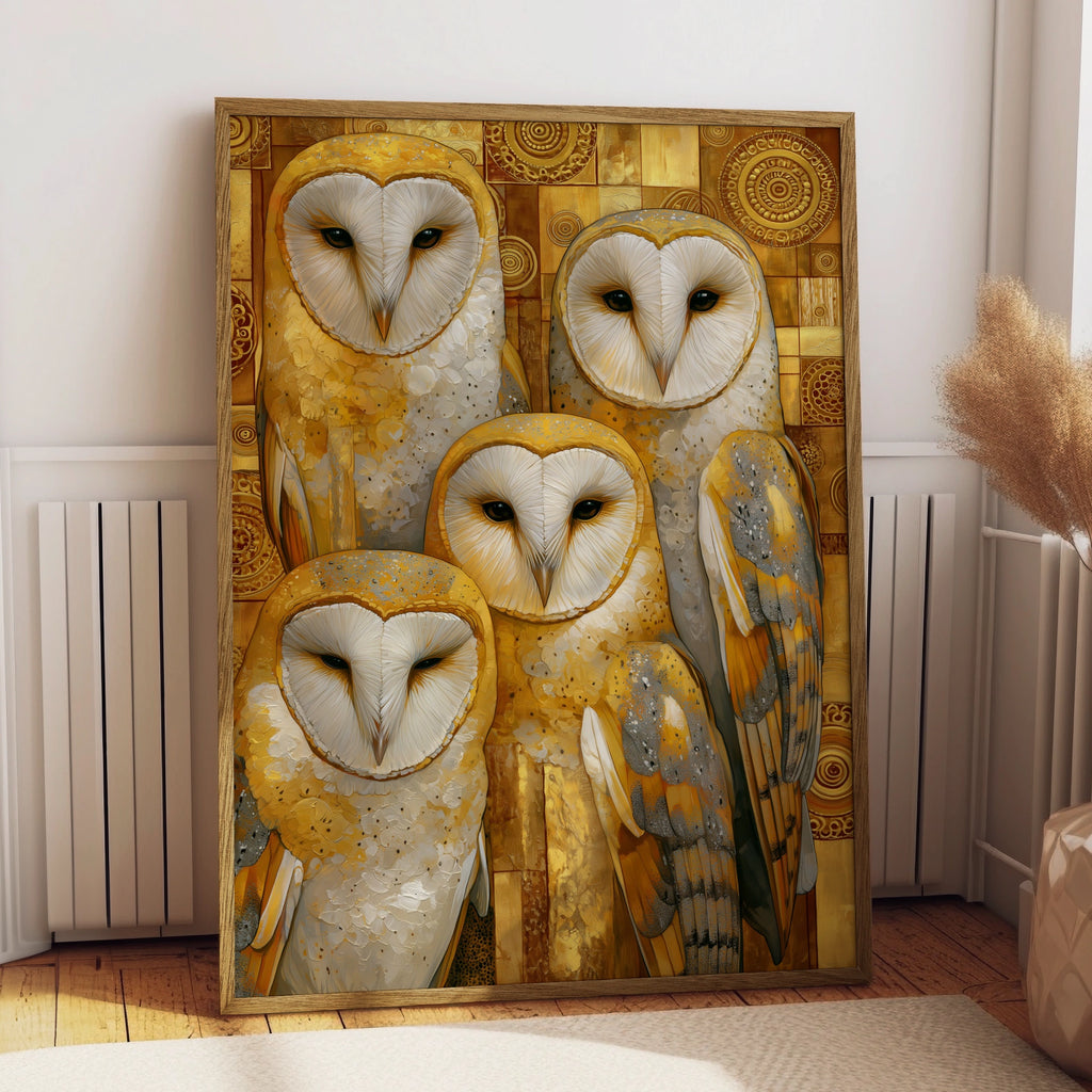 Barn Owls Poster, Golden Klimt Style Wall Art, Art Nouveau Bird Print