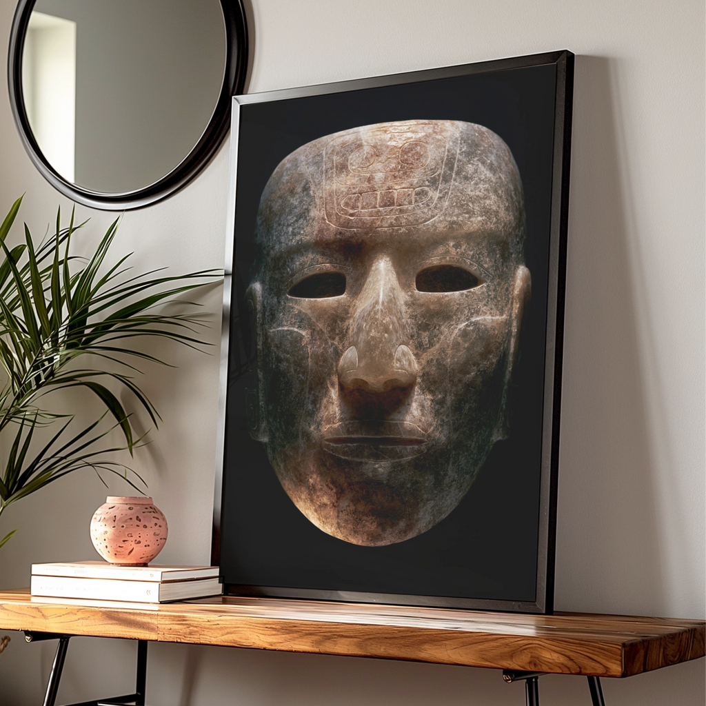 Aztec Mask Wall Art Poster, Ancient Stone Face, Mesoamerican Print