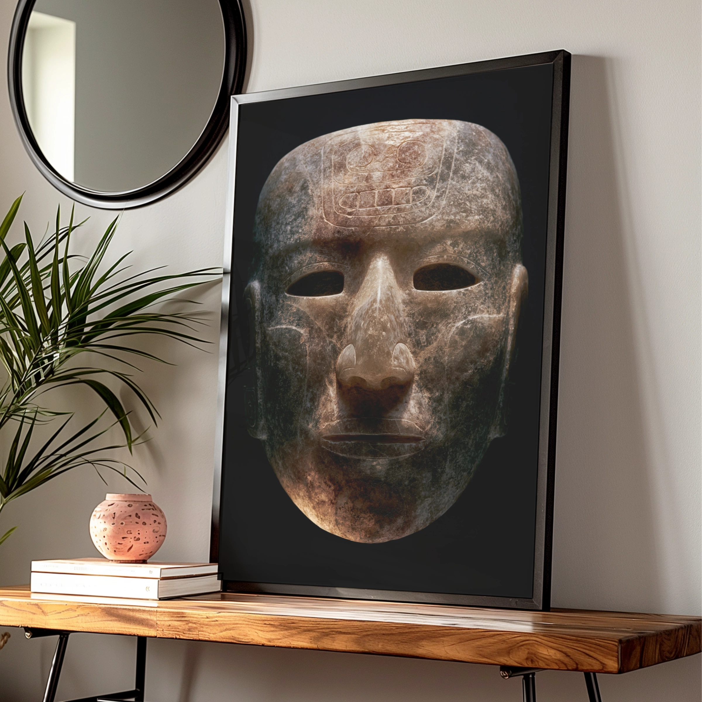 Aztec Mask Wall Art Poster, Ancient Stone Face, Mesoamerican Print