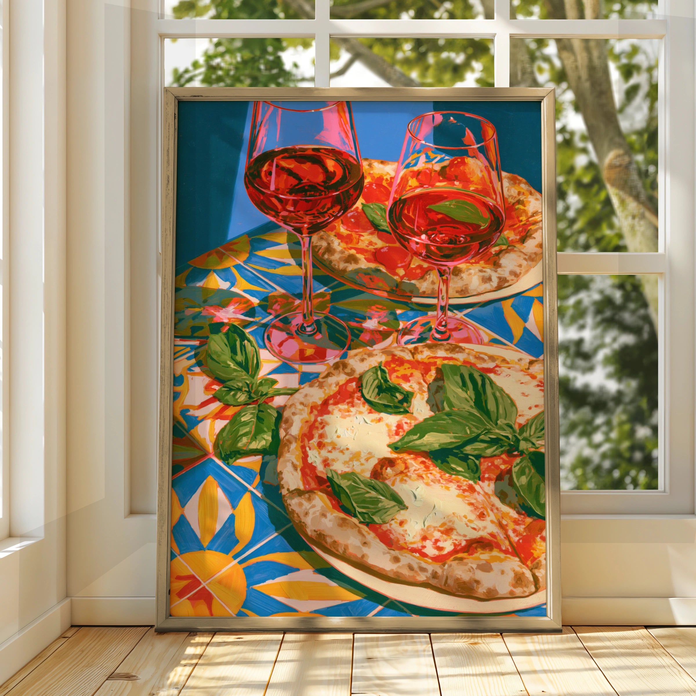 Pizza & Red Wine Poster, Italian Tiles Art Print, Colourful Kitchen Wall Art