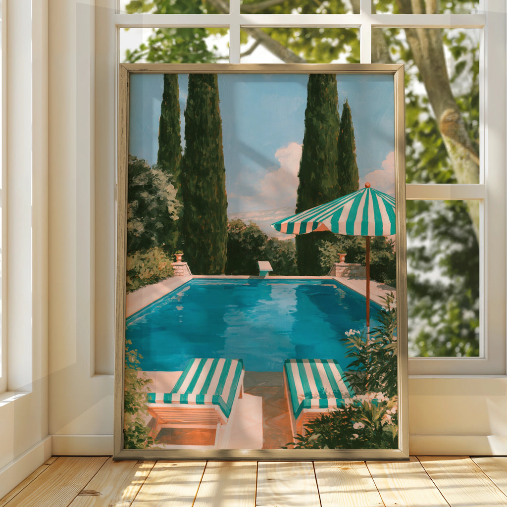 Pool Loungers Striped Umbrella Art Print, Mediterranean Summer Poster, Painted Style