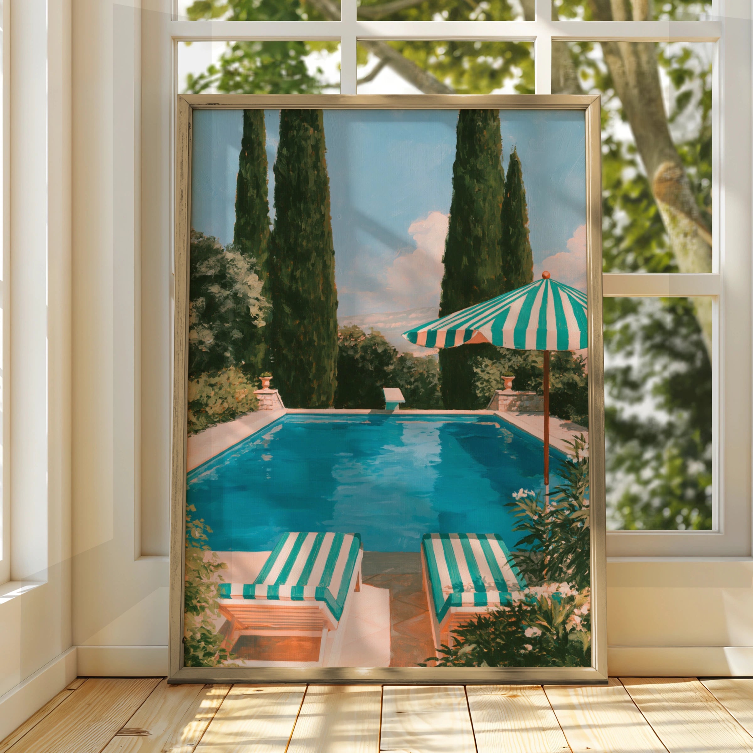 Pool Loungers Striped Umbrella Art Print, Mediterranean Summer Poster, Painted Style