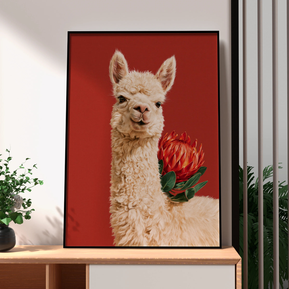 Alpaca with Red Protea Flower Poster, Bold Animal Wall Art Print