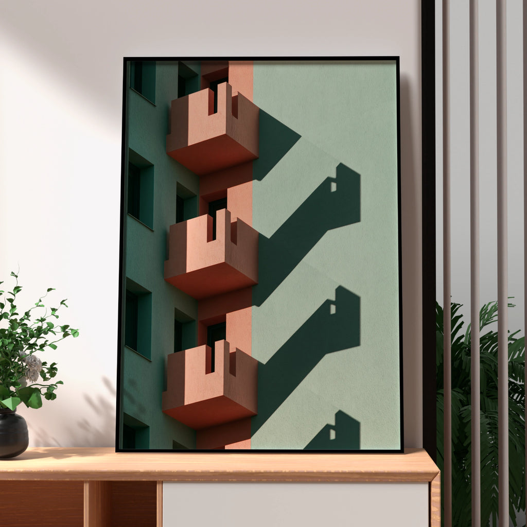 Architecture Balcony Shadow Poster, Pink Green Geometric Building Print, Minimalist