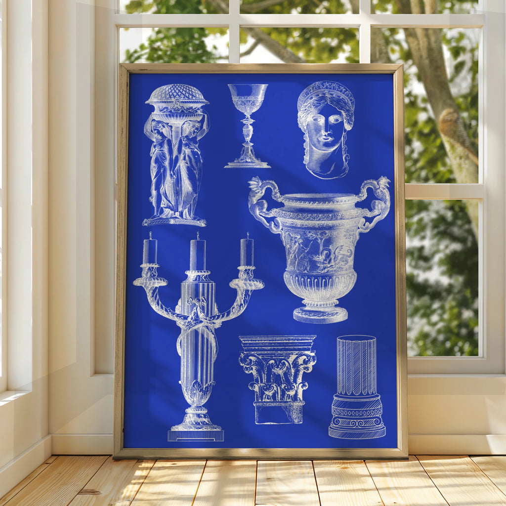 Roman Vase Blueprint Poster, Classical Antiquity Wall Art, Blue