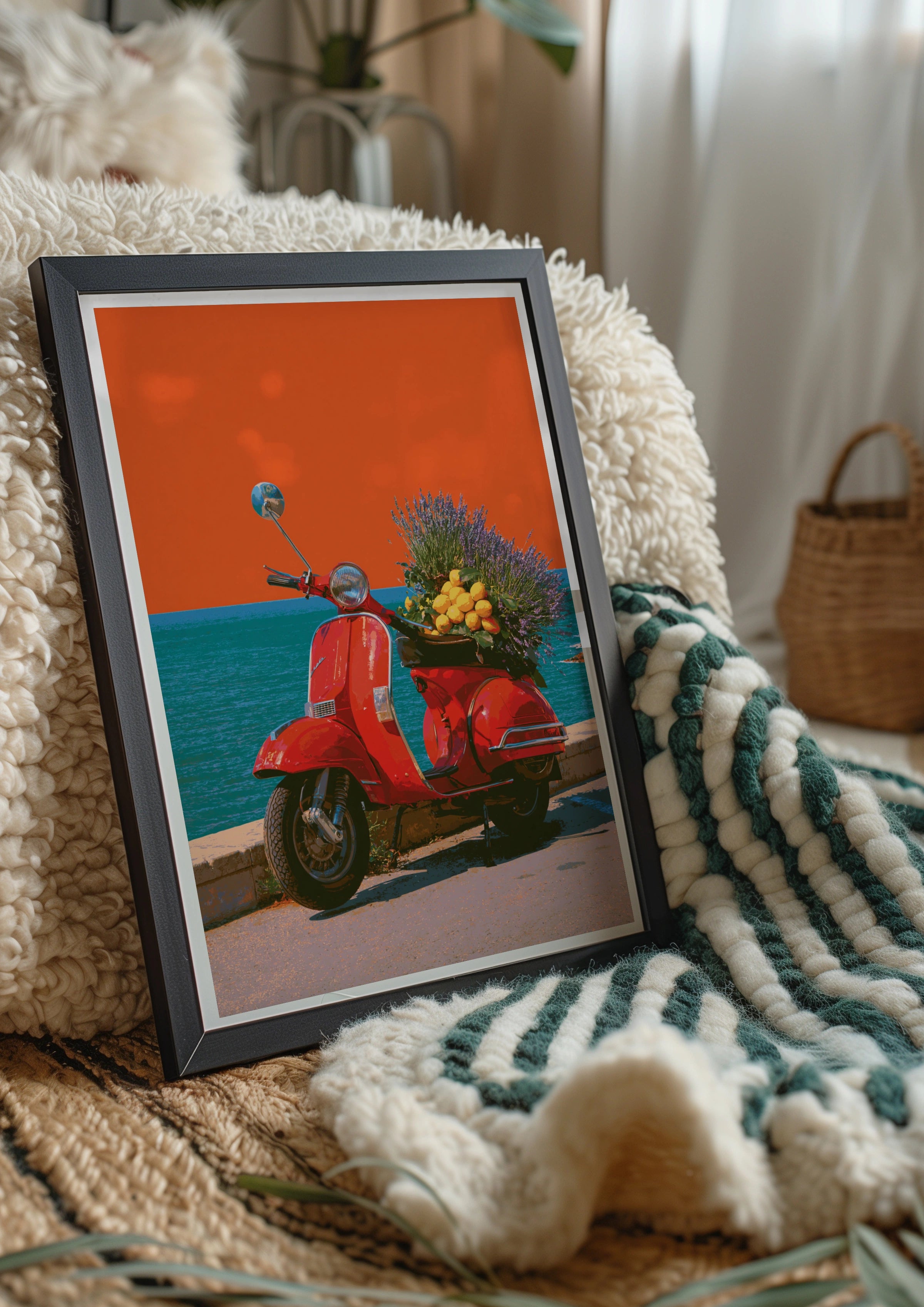 Red Vespa Lavender Lemons Sea Wall Art Poster, Italian Scooter Print