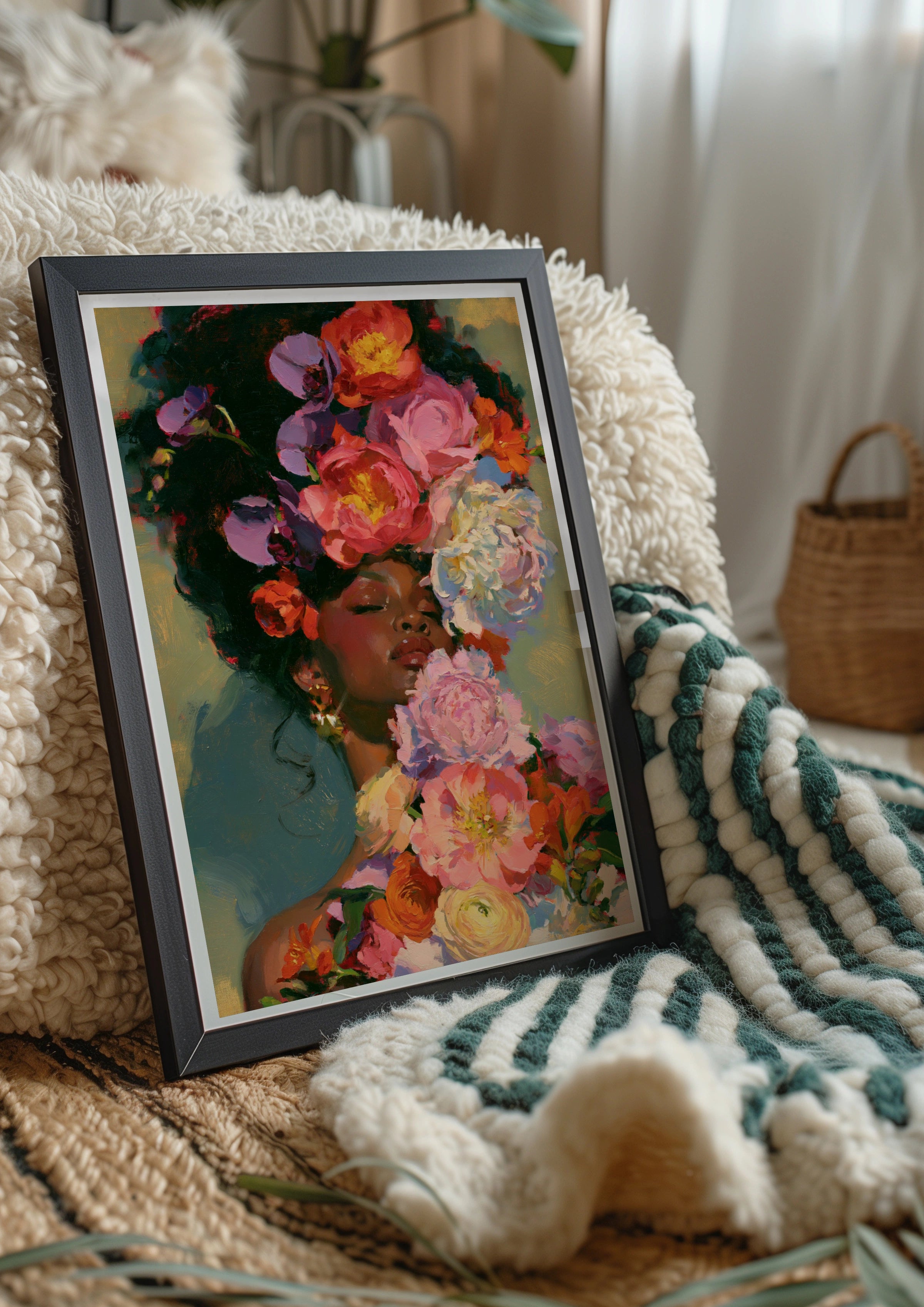 Woman with Flowers Wall Art Poster, Floral Portrait Print, Oil Painting Style