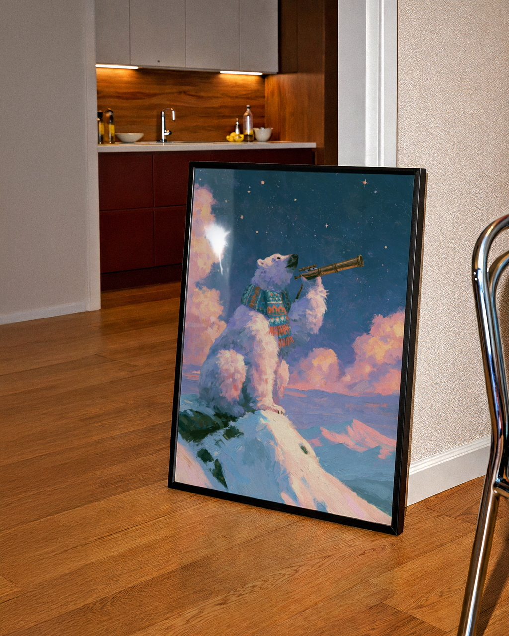 Polar Bear Stargazing Poster, Arctic Night Sky, Whimsical Animal Wall Art