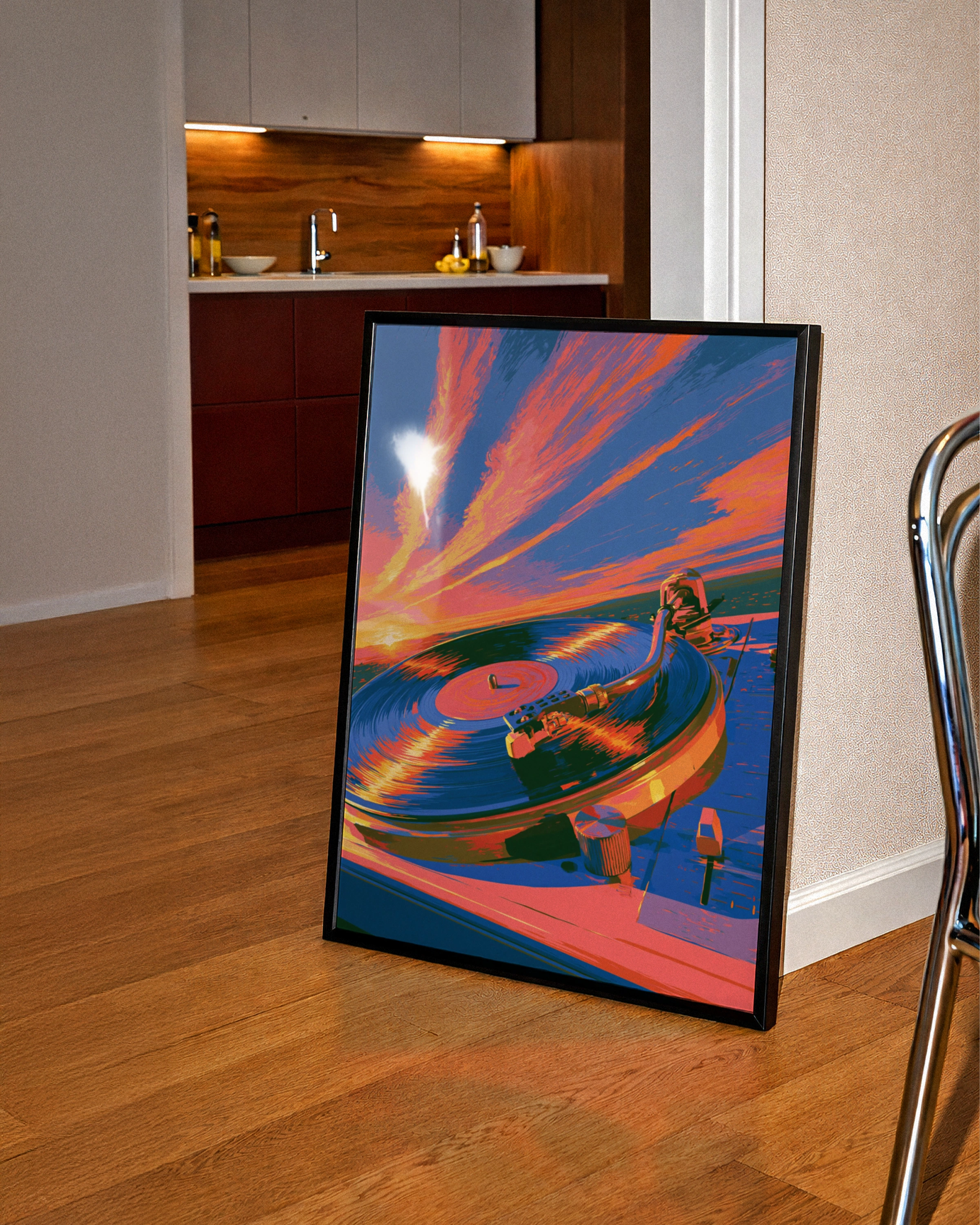 Record Player Sunset Poster, Vinyl Turntable Wall Art, Retro Music Print