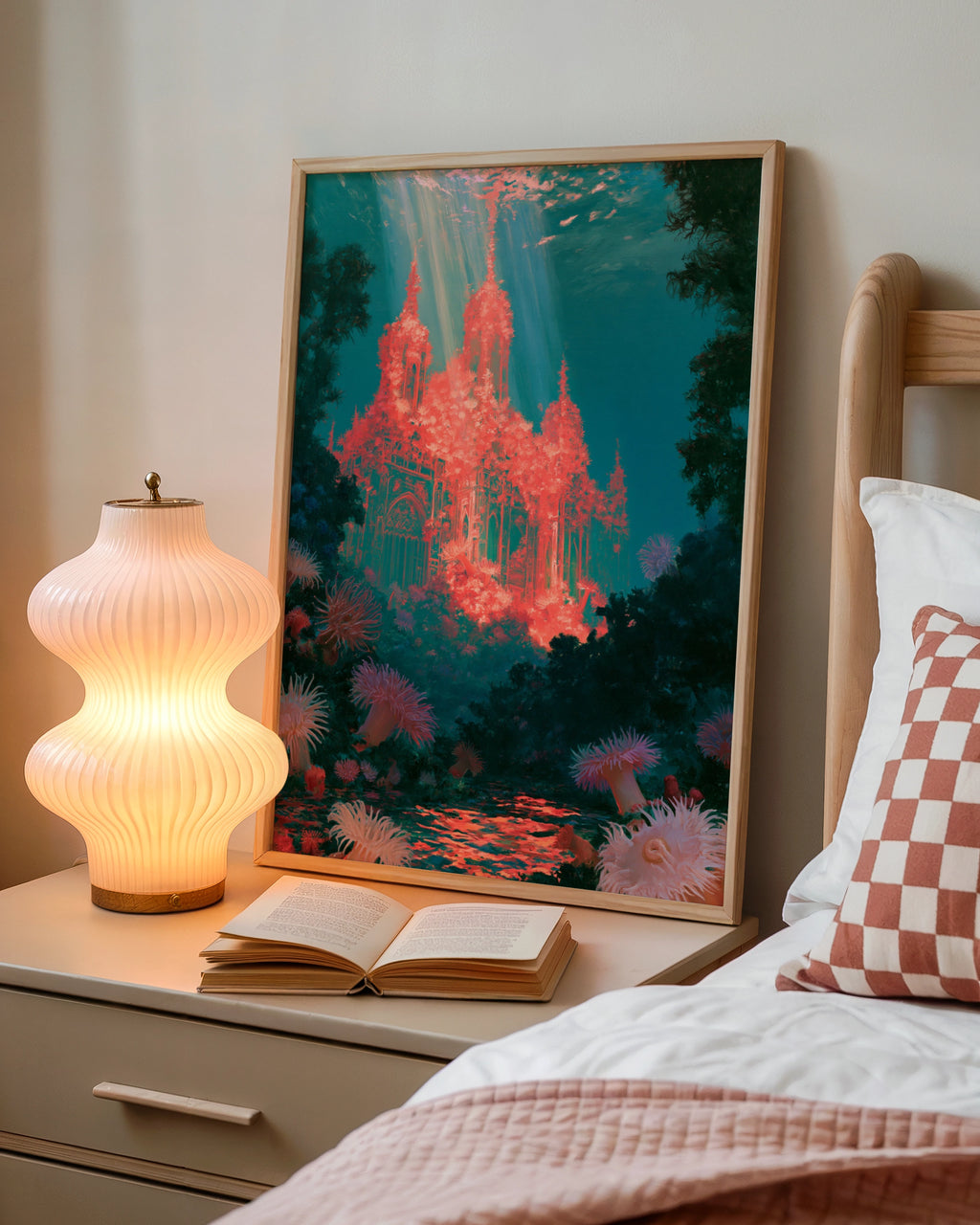 Underwater Coral City Cathedral Poster, Fantasy Ocean Wall Art, Teal Coral Print