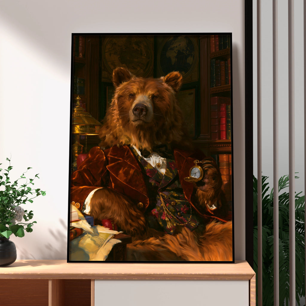 Smart Bear Portrait Poster, Victorian Gentleman Library, Regal Animal Art Print