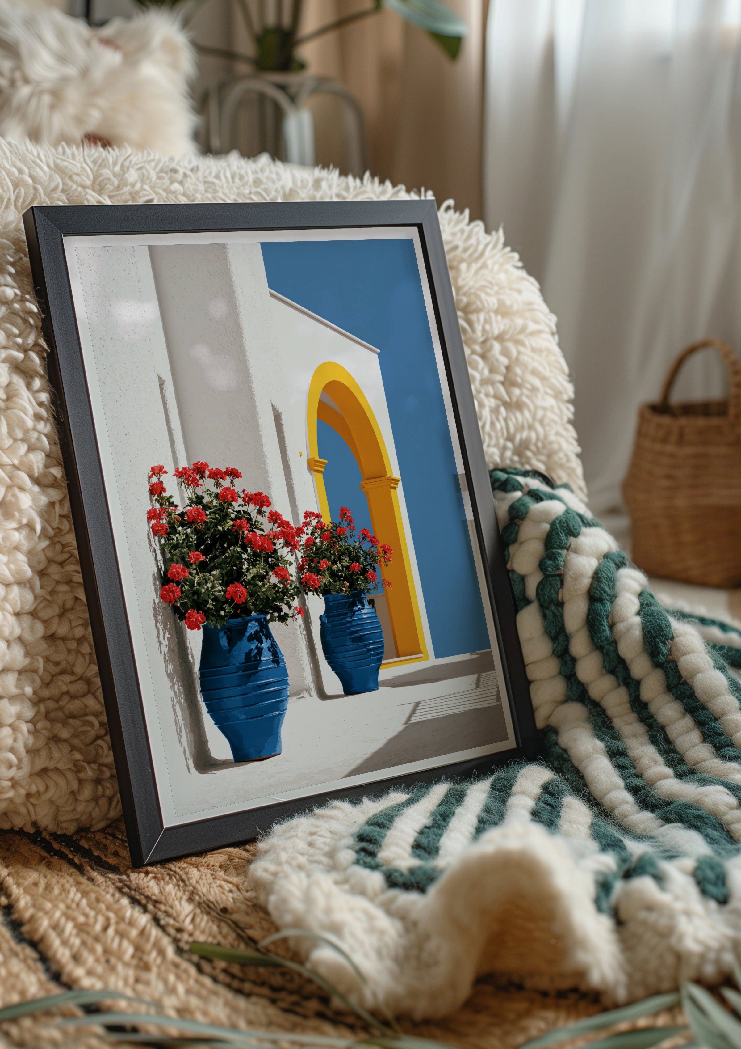 Greek Courtyard Blue Vases Poster, Mediterranean Architecture Wall Art Print