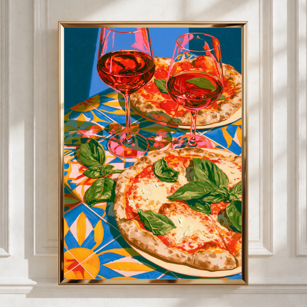 Pizza & Red Wine Poster, Italian Tiles Art Print, Colourful Kitchen Wall Art