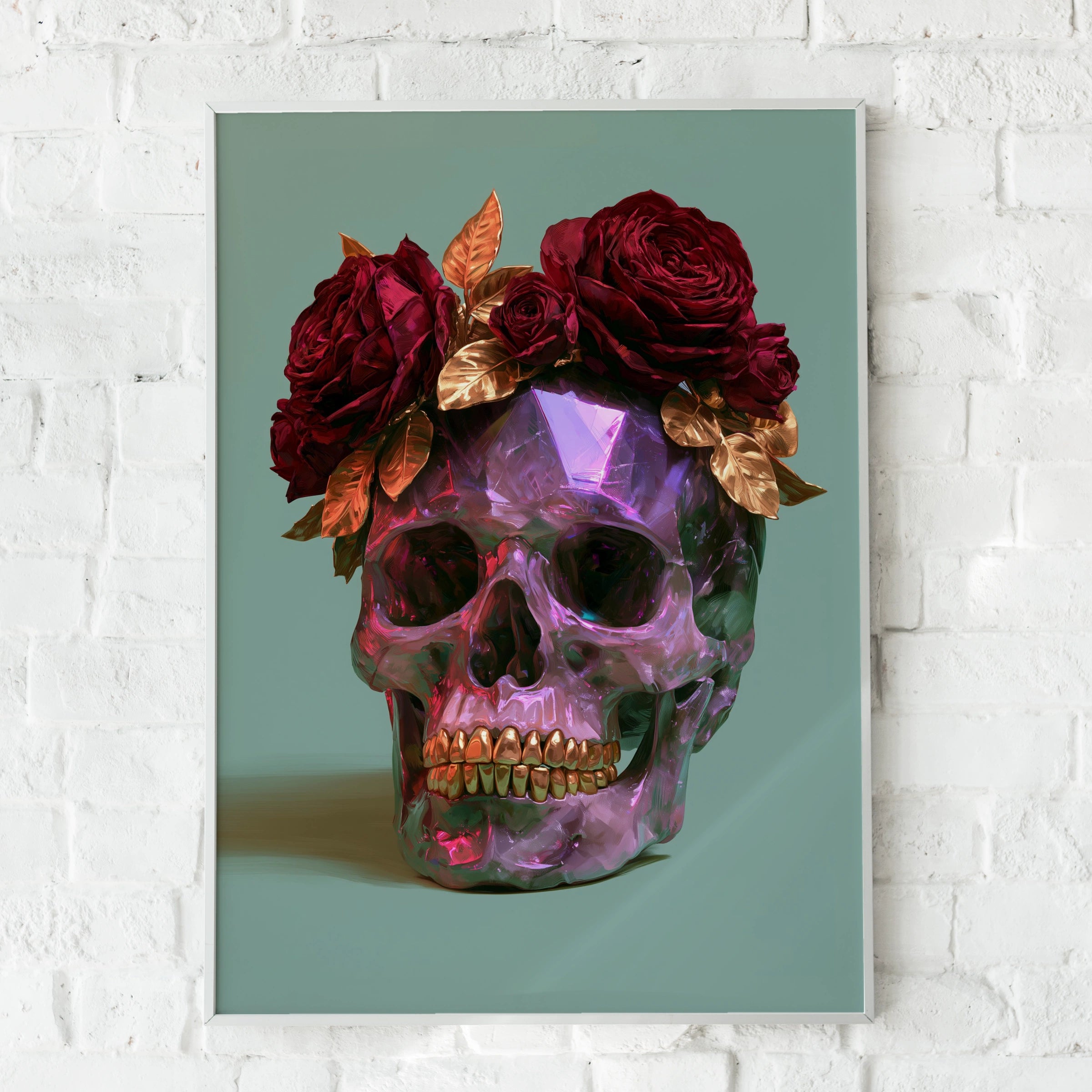 Amethyst Crystal Skull Red Roses Poster, Dark Floral Wall Art, Gothic Print