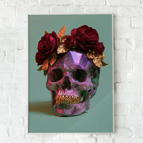 Amethyst Crystal Skull Red Roses Poster, Dark Floral Wall Art, Gothic Print
