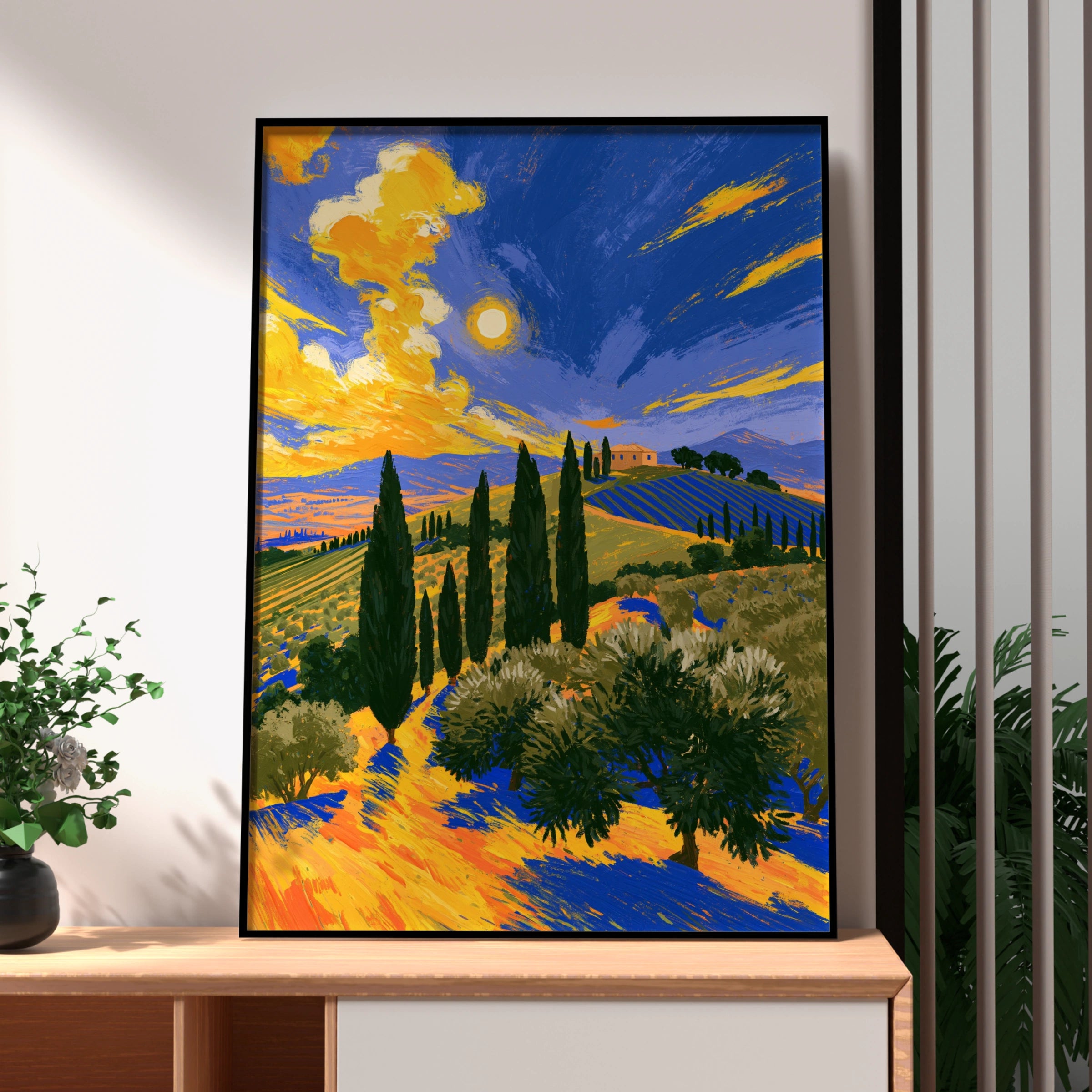 Tuscany Cypress Fields Poster, Italian Landscape Wall Art, Van Gogh Style Print