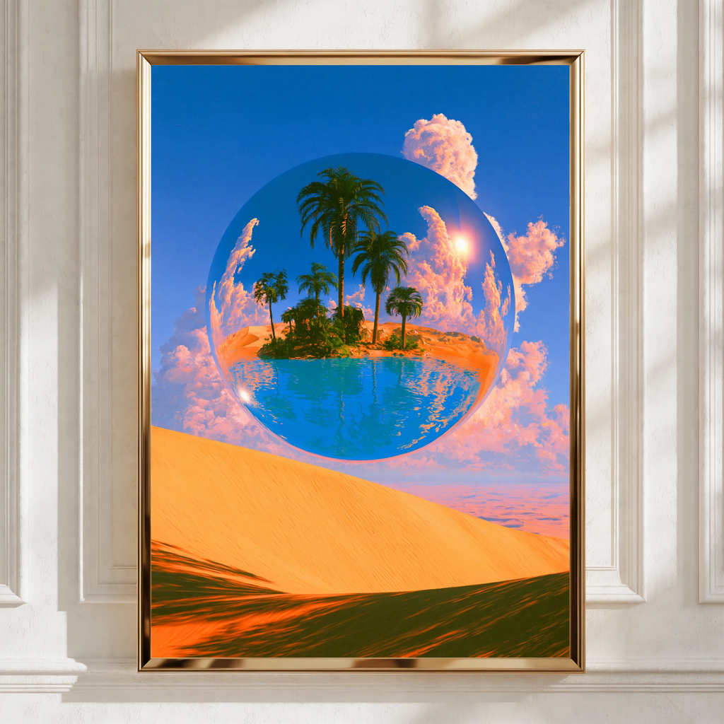 Desert Oasis Sphere Poster, Surreal Palm Tree Sand Dune Wall Art Print