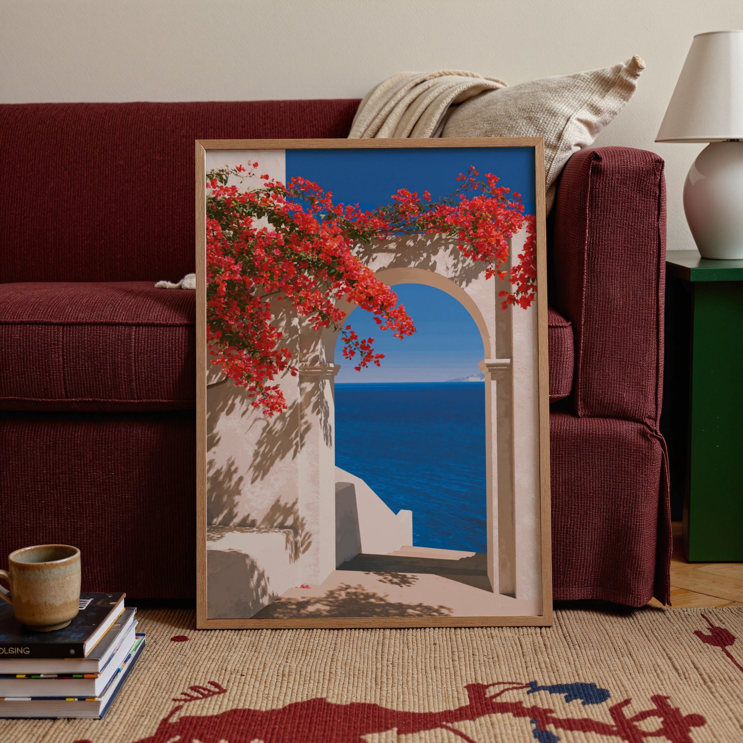 Mediterranean Arch Bougainvillea Poster, Coral Flowers Sea View Print