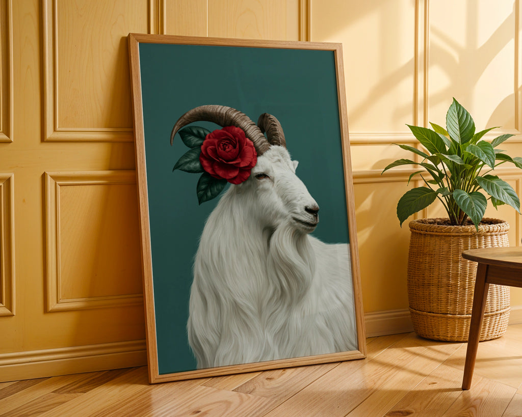 White Goat Red Rose Poster, Floral Animal Portrait Print, Teal Botanical Art