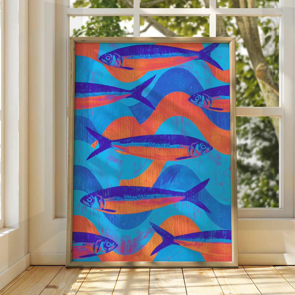 Sardine School Fish Poster, Blue Orange Wall Art, Bold Linocut Style Print