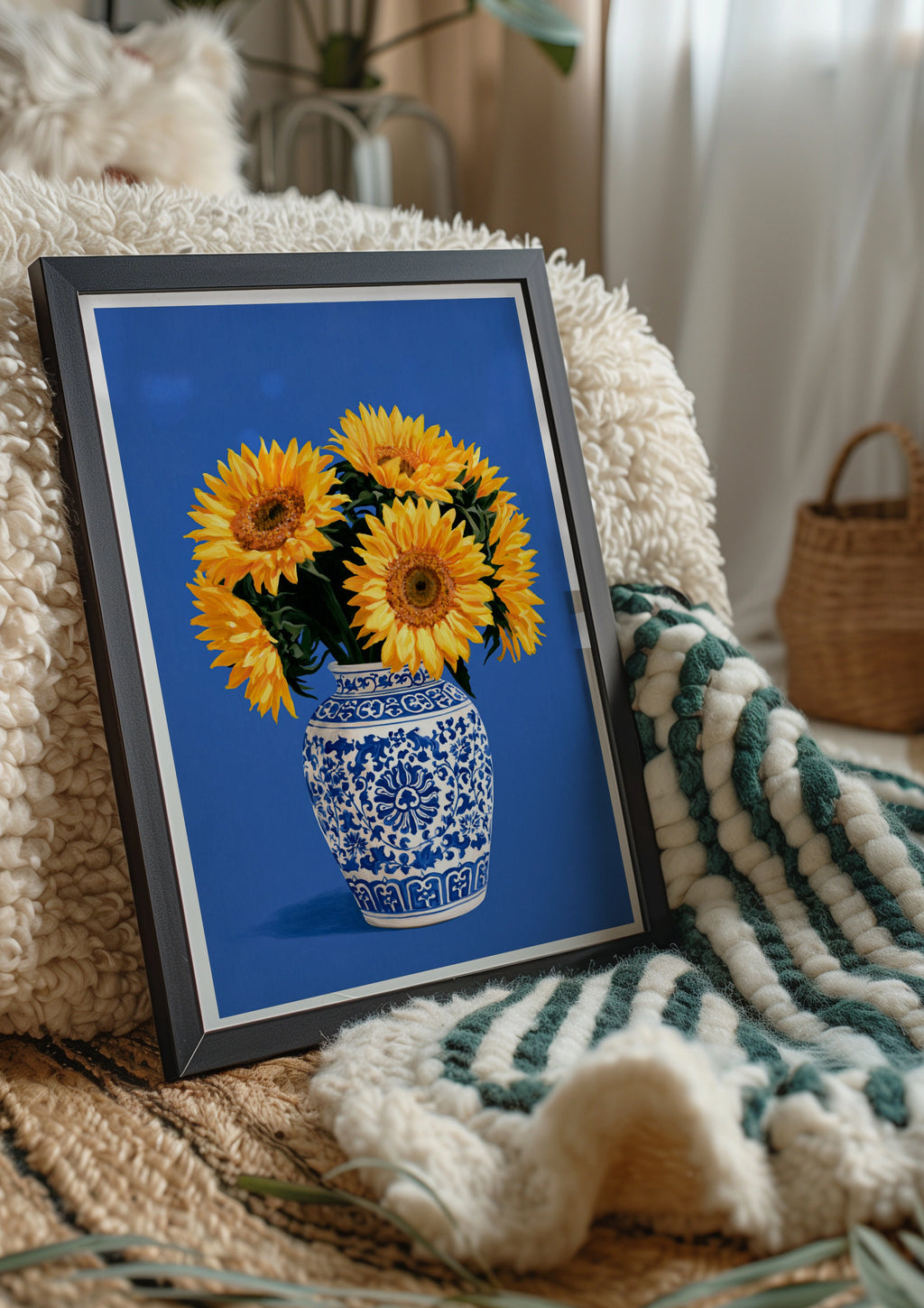 Sunflowers in Porcelain Vase Poster, Blue White Chinoiserie Floral Wall Art
