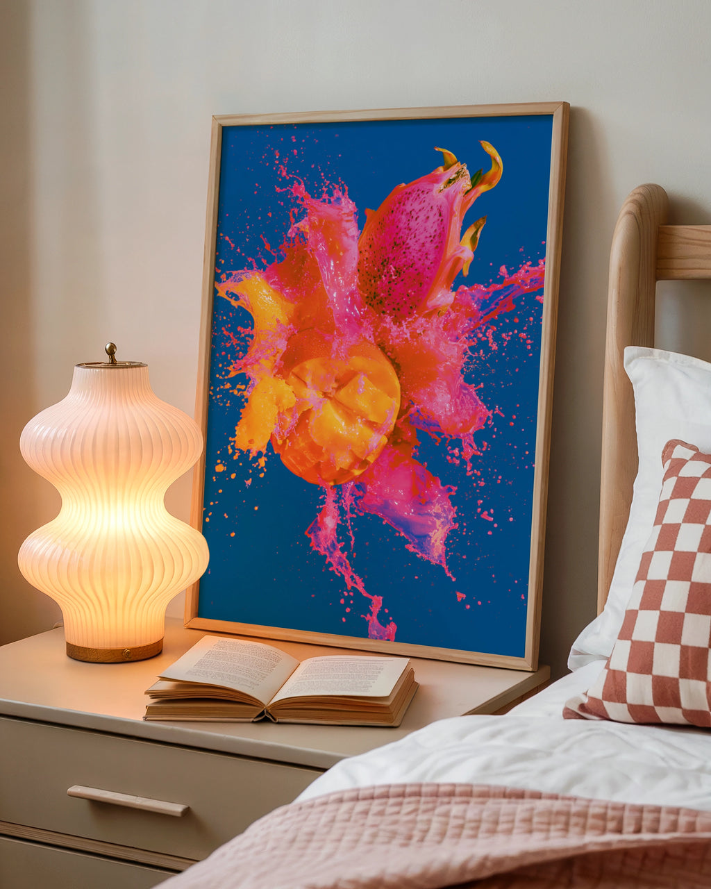 Dragon Fruit Mango Splash Poster, Tropical Fruit Wall Art, Bold Colourful Print