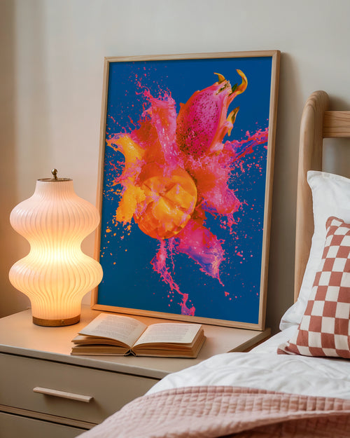 Dragon Fruit Mango Splash Poster, Tropical Fruit Wall Art, Bold Colourful Print