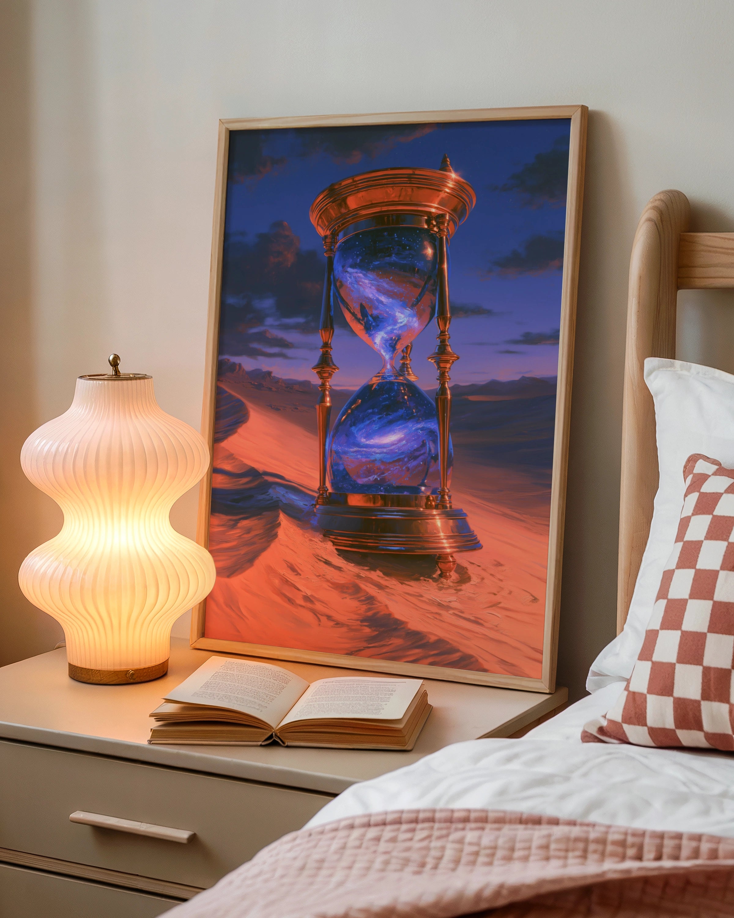 Hourglass Desert Galaxy Poster, Surreal Time Art, Cosmic Fantasy Print